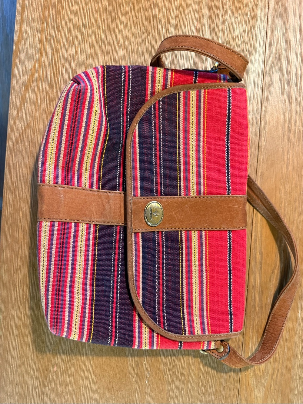 Vintage Antigua Striped Red & Multicolor Leather-Trim Crossbody Bag